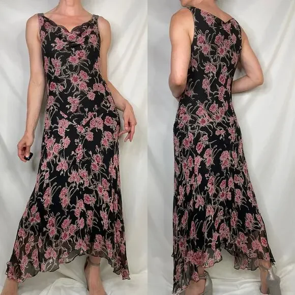 ICE silk beaded floral maxi dress long cowl neck vintage Y2K‎ pink black fairy M - Picture 14 of 17